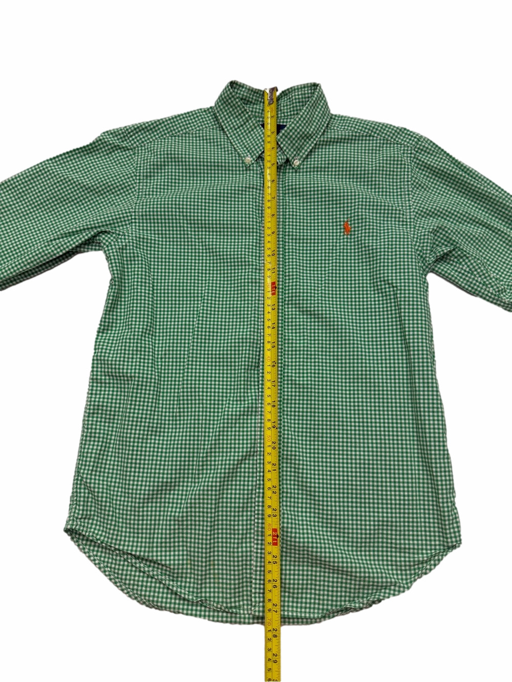 Polo Ralph Lauren Green Gingham Button-Down Shirt Orange Pony Boy Large 14 16